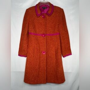 Sara Jane Retro Orange Tweed‎ Coat Pink Trim Buttons Pockets Sz 8